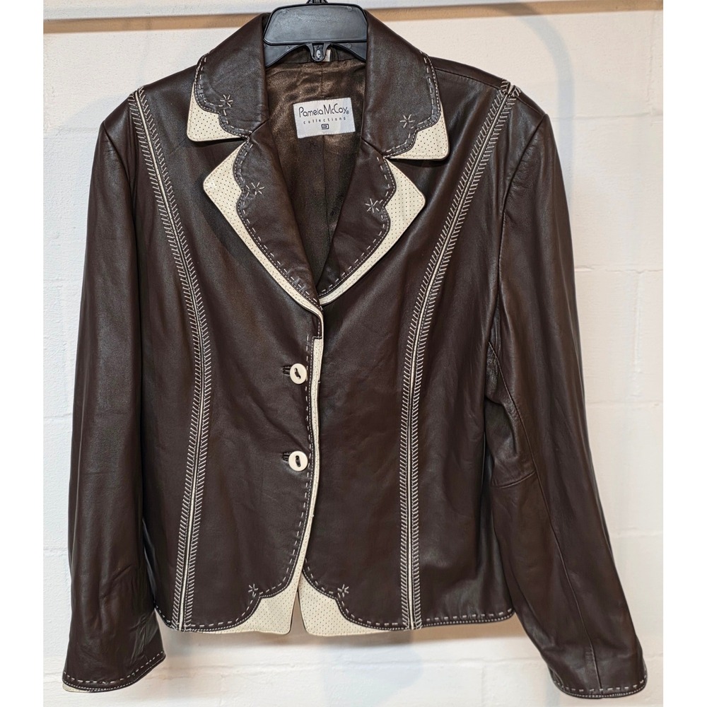 Y2K Pamela McCoy Brown 100% Soft Leather Western Jacket Whipstitch Trim Plus 1X